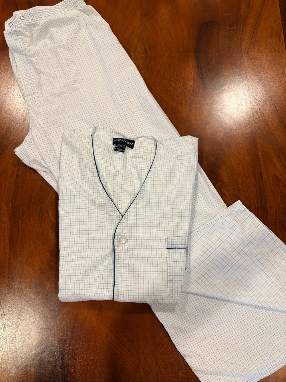 Unisex/Men's Light Blue Check Button-Down Shirt w/ Navy Piping, button down pant